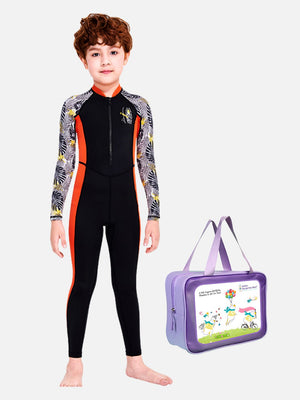 Little Surprise Box, Full Length Black Palm Leaves Printed Kids Swimwear In UPF 50+ Fabric With Free Washbag - Kids Swimwear