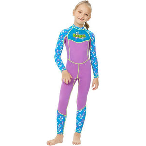 One piece FullLength Kids Swimwear Purple & Blue Floral Print, UPF 50+ with Cap - Little Surprise BoxOne piece FullLength Kids Swimwear Purple & Blue Floral Print, UPF 50+ with Cap