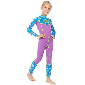 One piece FullLength Kids Swimwear Purple & Blue Floral Print, UPF 50+ with Cap - Little Surprise BoxOne piece FullLength Kids Swimwear Purple & Blue Floral Print, UPF 50+ with Cap