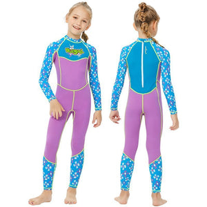 One piece FullLength Kids Swimwear Purple & Blue Floral Print, UPF 50+ with Cap - Little Surprise BoxOne piece FullLength Kids Swimwear Purple & Blue Floral Print, UPF 50+ with Cap