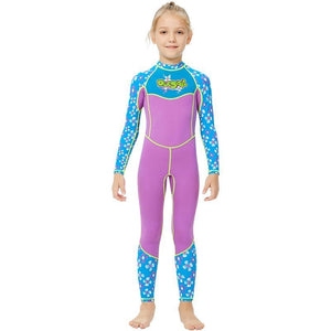 One piece FullLength Kids Swimwear Purple & Blue Floral Print, UPF 50+ with Cap - Little Surprise BoxOne piece FullLength Kids Swimwear Purple & Blue Floral Print, UPF 50+ with Cap