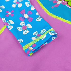 One piece FullLength Kids Swimwear Purple & Blue Floral Print, UPF 50+ with Cap - Little Surprise BoxOne piece FullLength Kids Swimwear Purple & Blue Floral Print, UPF 50+ with Cap