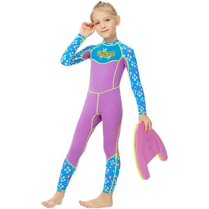 One piece FullLength Kids Swimwear Purple & Blue Floral Print, UPF 50+ with Cap - Little Surprise BoxOne piece FullLength Kids Swimwear Purple & Blue Floral Print, UPF 50+ with Cap