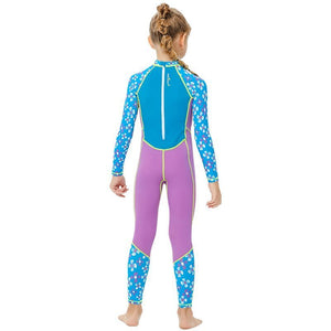 One piece FullLength Kids Swimwear Purple & Blue Floral Print, UPF 50+ with Cap - Little Surprise BoxOne piece FullLength Kids Swimwear Purple & Blue Floral Print, UPF 50+ with Cap