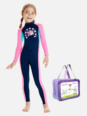 Little Surprise Box Full Length Navy Mermaid Color Block Kids Swimwear In UPF 50+ Fabric Washbag - Kids Swimwear