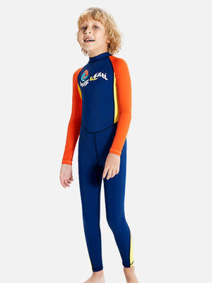 Little Surprise Box Full Length Navy & Orange Printed Kids Swimwear In UPF 50+ - LSB - SW - DIVENAVYORNGE - FULL - S