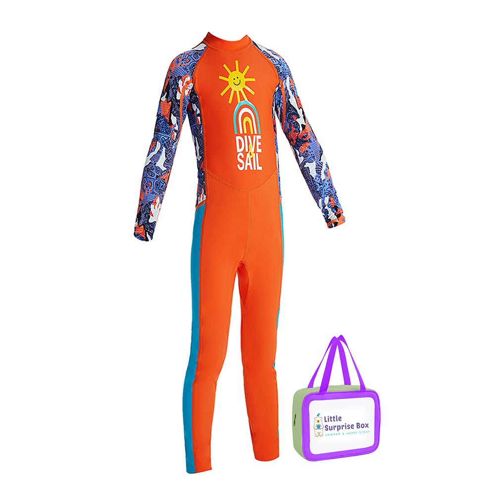 Little Surprise Box Full Sleeves Kids Swimwear Bright Orange & Blue Sunshine Printed Full Length,with UPF 50+ - LSB-SW-OrangeSunshinefull-S