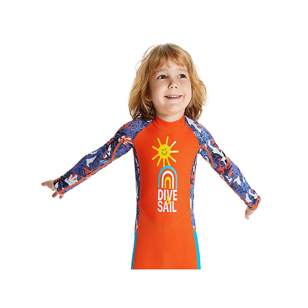 Little Surprise Box Full Sleeves Kids Swimwear Bright Orange & Blue Sunshine Printed Full Length,with UPF 50+ - LSB-SW-OrangeSunshinefull-S