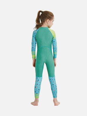 Little Surprise Box Full Sleeves Kids Swimwear Light Green & Dark Green Transport theme, UPF 50+ - MEDIUM Kids Swimwear