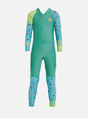 Little Surprise Box Full Sleeves Kids Swimwear Light Green & Dark Green Transport theme, UPF 50+ - MEDIUM Kids Swimwear