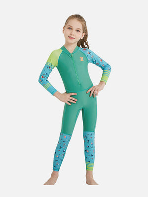 Little Surprise Box Full Sleeves Kids Swimwear Light Green & Dark Green Transport theme, UPF 50+ - MEDIUM Kids Swimwear