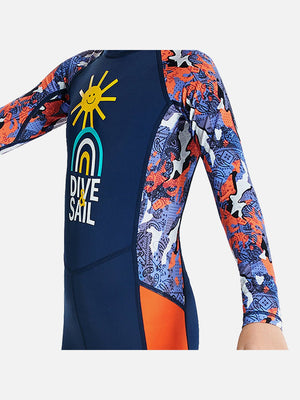 Little Surprise Box Full Sleeves Kids Swimwear Navy Blue & Orange Sunshine Printed Full Length, with UPF 50+ - SMALL Kids Swimwear