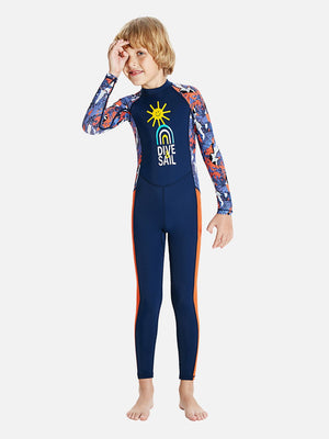 Little Surprise Box Full Sleeves Kids Swimwear Navy Blue & Orange Sunshine Printed Full Length, with UPF 50+ - SMALL Kids Swimwear