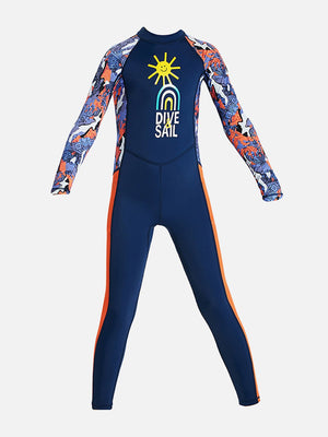 Little Surprise Box Full Sleeves Kids Swimwear Navy Blue & Orange Sunshine Printed Full Length, with UPF 50+ - SMALL Kids Swimwear