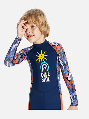 Little Surprise Box Full Sleeves Kids Swimwear Navy Blue & Orange Sunshine Printed Full Length, with UPF 50+ - SMALL Kids Swimwear