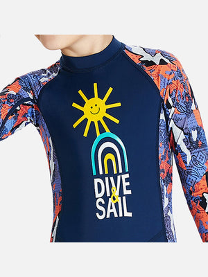 Little Surprise Box Full Sleeves Kids Swimwear Navy Blue & Orange Sunshine Printed Full Length, with UPF 50+ - SMALL Kids Swimwear