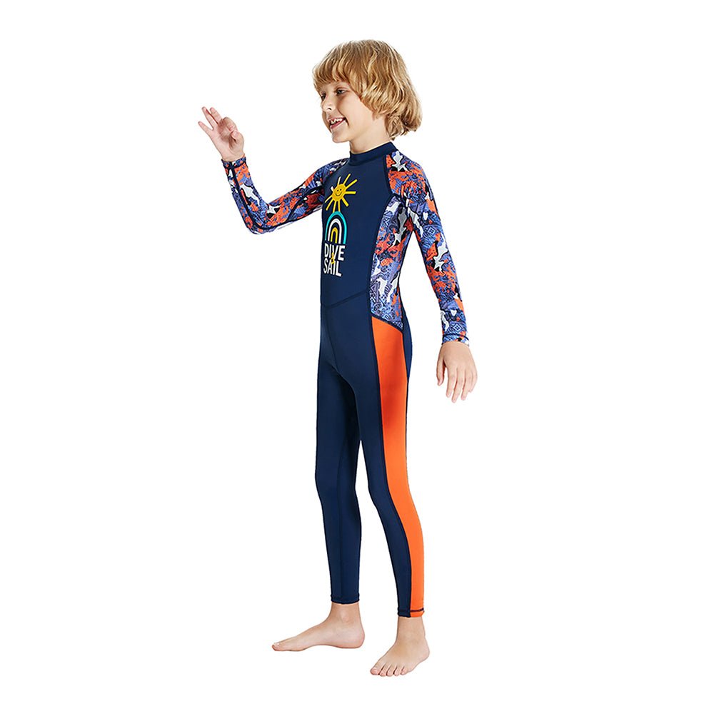 Little Surprise Box Full Sleeves Kids Swimwear Navy Blue & Orange Sunshine Printed Full Length, with UPF 50+ - LSB-SW-NavySunshinefull-S