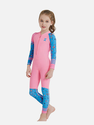 Little Surprise Box Full Sleeves Kids Swimwear Pink and Blue Transport theme, UPF 50+ - MEDIUM Kids Swimwear