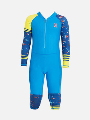 Little Surprise Box Full Sleeves Kids Swimwear Yellow & Blue Transport theme, UPF 50+ - MEDIUM Kids Swimwear