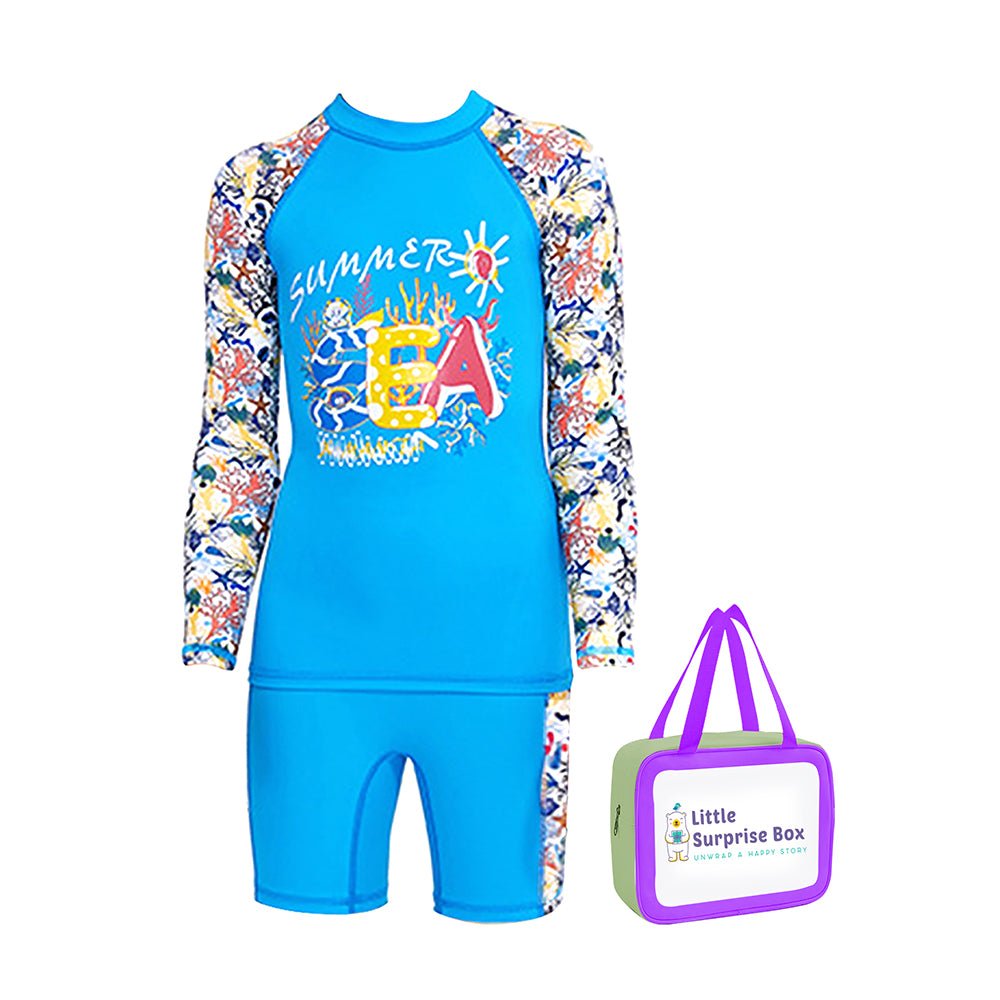 Little Surprise Box Full Sleeves Shirt & Shorts set Swimwear, Blue Fauna with UPF 50+ (2 pcs set) - LSB - SW - Bluefaunaset - S