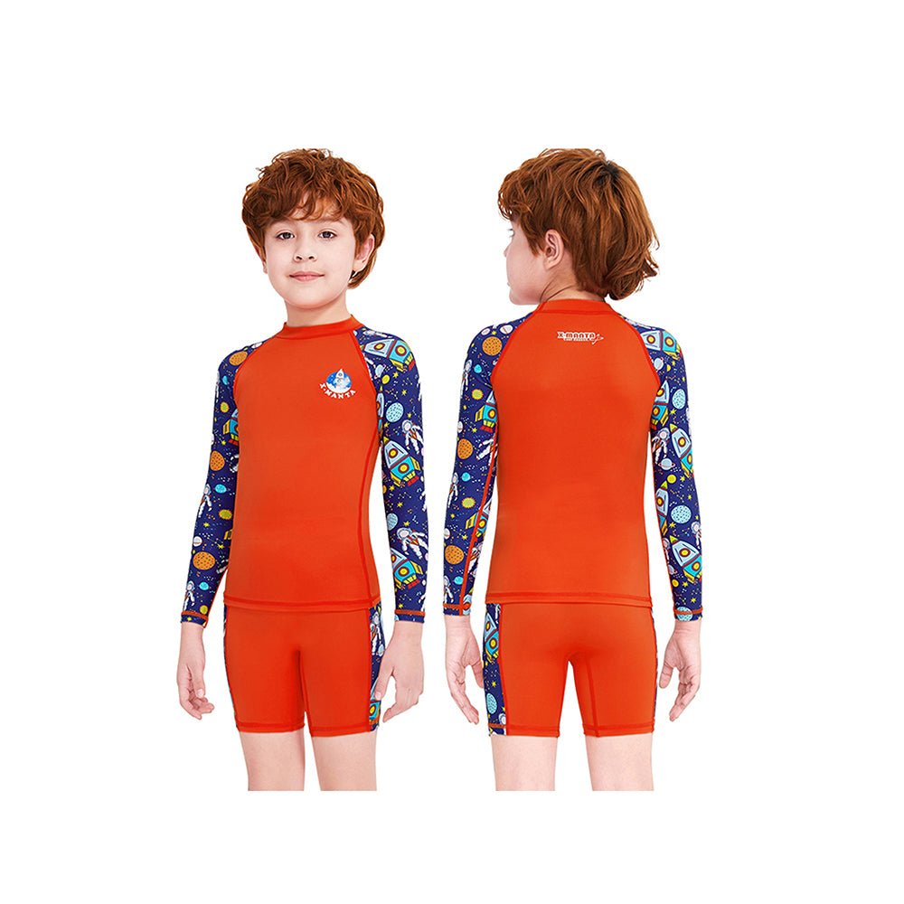 Little Surprise Box Full sleeves Shirts & Shorts set Swimwear , Space theme , UPF 50+ ( 2pc set ) - LSB-SW-Spaceorange-Knee-S