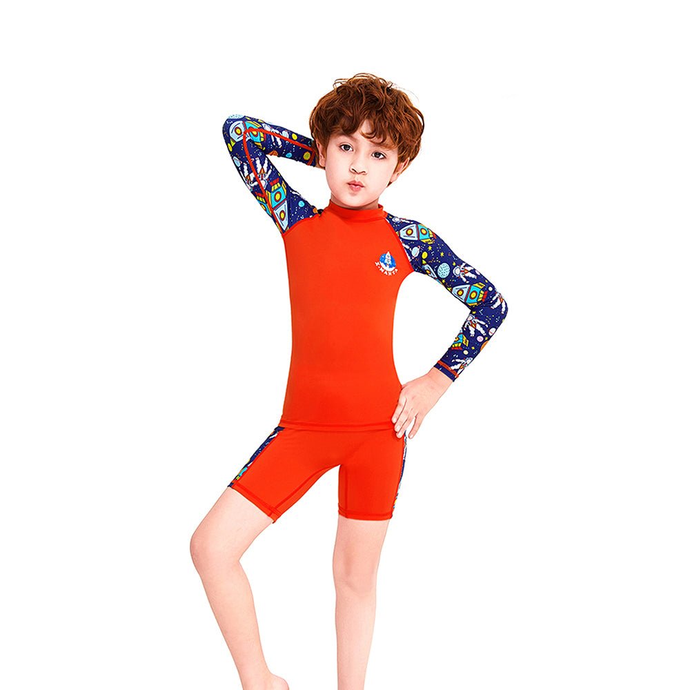 Little Surprise Box Full sleeves Shirts & Shorts set Swimwear , Space theme , UPF 50+ ( 2pc set ) - LSB-SW-Spaceorange-Knee-S