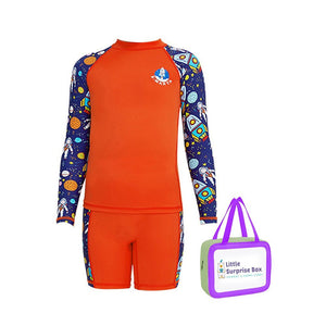 Little Surprise Box Full sleeves Shirts & Shorts set Swimwear , Space theme , UPF 50+ ( 2pc set ) - LSB-SW-Spaceorange-Knee-S