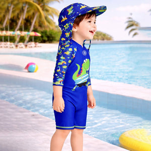Little Surprise Box Green Blue Dino Splash Kids Swimwear Set + Long Cap, Wash Bag & Detergent - 2 - 3 Years Kids Swimwear
