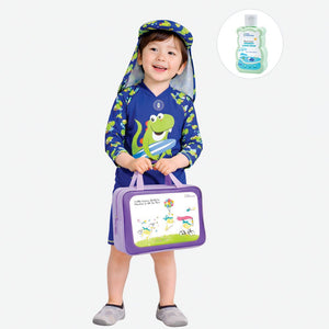 Little Surprise Box Green Blue Dino Splash Kids Swimwear Set + Long Cap, Wash Bag & Detergent - 2 - 3 Years Kids Swimwear