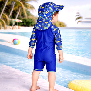Little Surprise Box Green Blue Dino Splash Kids Swimwear Set + Long Cap, Wash Bag & Detergent - 2 - 3 Years Kids Swimwear
