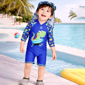 Little Surprise Box Green Blue Dino Splash Kids Swimwear Set + Long Cap, Wash Bag & Detergent - 2 - 3 Years Kids Swimwear