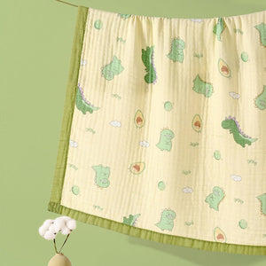 Little Surprise Box Green Dino & Avocado Muslin Cotton Blanket + Free Storage Pouch - Baby Blanket