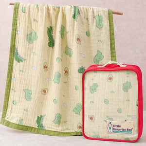 Little Surprise Box Green Dino & Avocado Muslin Cotton Blanket + Free Storage Pouch - Baby Blanket