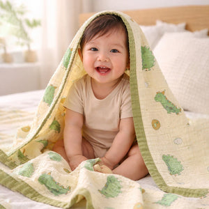 Little Surprise Box Green Dino & Avocado Muslin Cotton Blanket + Free Storage Pouch - Baby Blanket