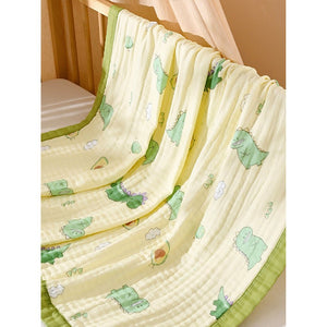 Little Surprise Box Green Dino & Avocado Muslin Cotton Blanket + Free Storage Pouch - Baby Blanket