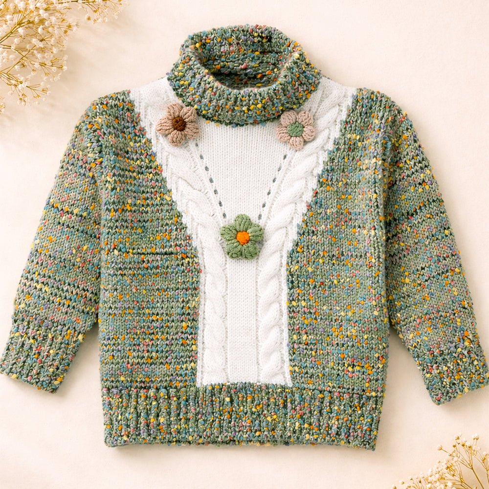 Little Surprise Box Green Multicolour Flower Knit Sweater, Winter Cardigan Sweater for Kids - 2 - 3 Years Kids Sweater