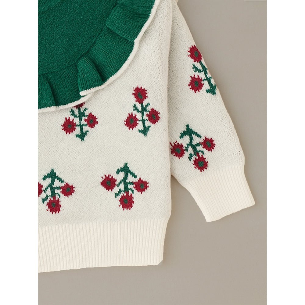 Little Surprise Box Green Ruffle Neck, Floral Christmas Cardigan Winter Sweater for Kids - 2 - 3 Years Christmas Sweater