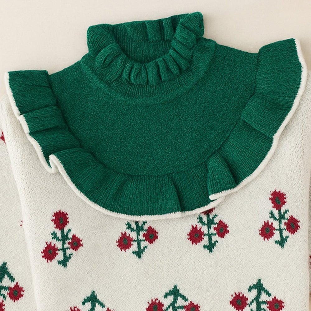 Little Surprise Box Green Ruffle Neck, Floral Christmas Cardigan Winter Sweater for Kids - 2 - 3 Years Christmas Sweater
