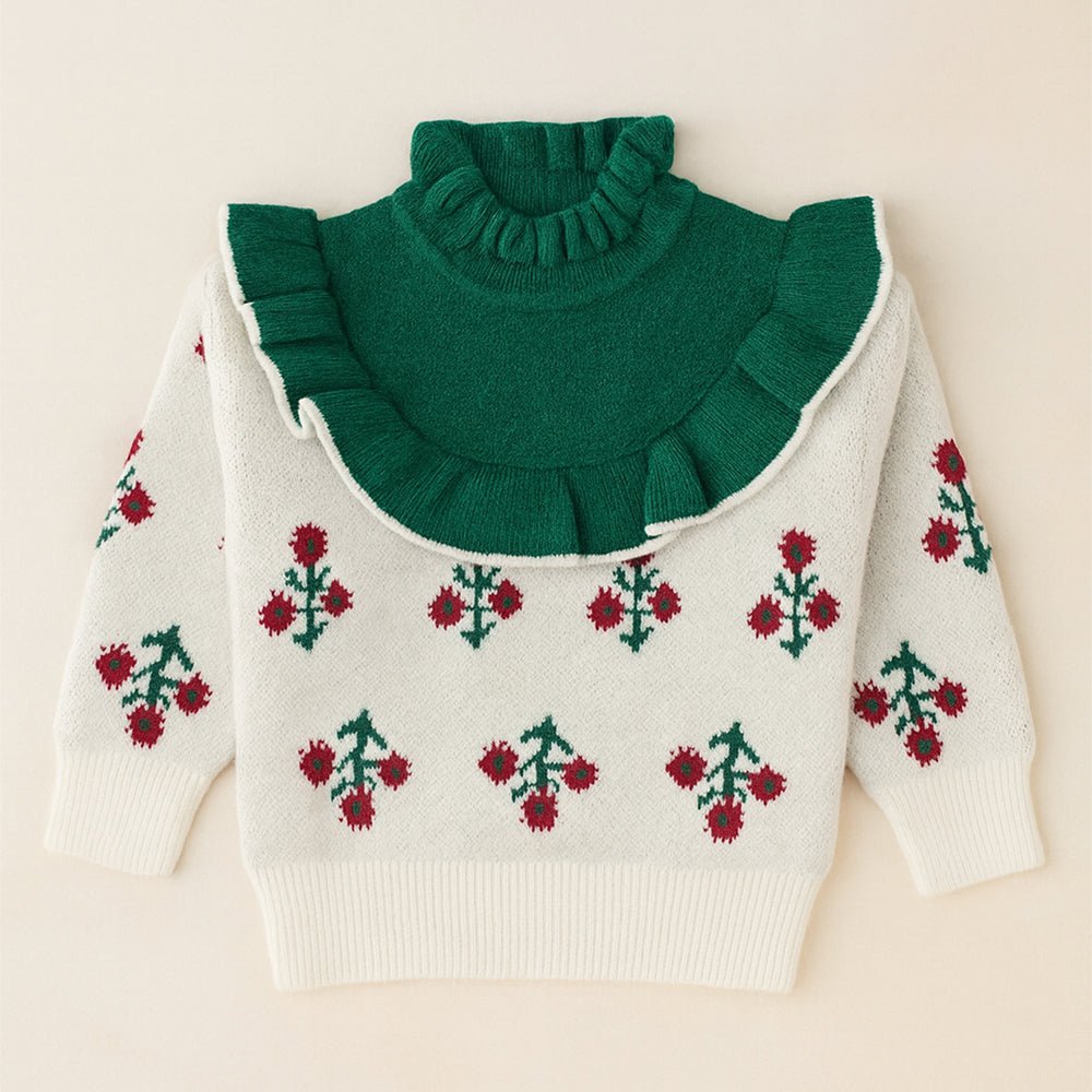 Little Surprise Box Green Ruffle Neck, Floral Christmas Cardigan Winter Sweater for Kids - 2 - 3 Years Christmas Sweater