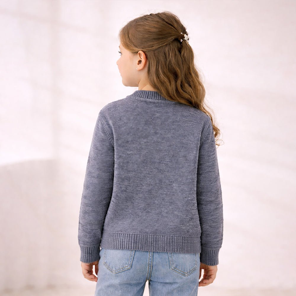 Little Surprise Box Grey Flower Button - Down Winter Cardigan, Winter Cardigan Sweater for Kids - 5 - 6 Years Kids Sweater