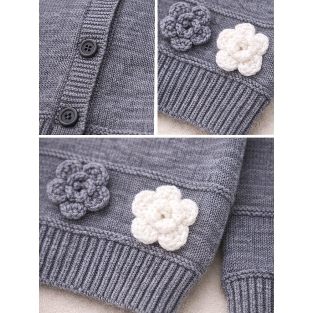 Little Surprise Box Grey Flower Button - Down Winter Cardigan, Winter Cardigan Sweater for Kids - 5 - 6 Years Kids Sweater
