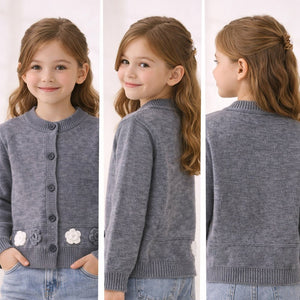 Little Surprise Box Grey Flower Button - Down Winter Cardigan, Winter Cardigan Sweater for Kids - 5 - 6 Years Kids Sweater