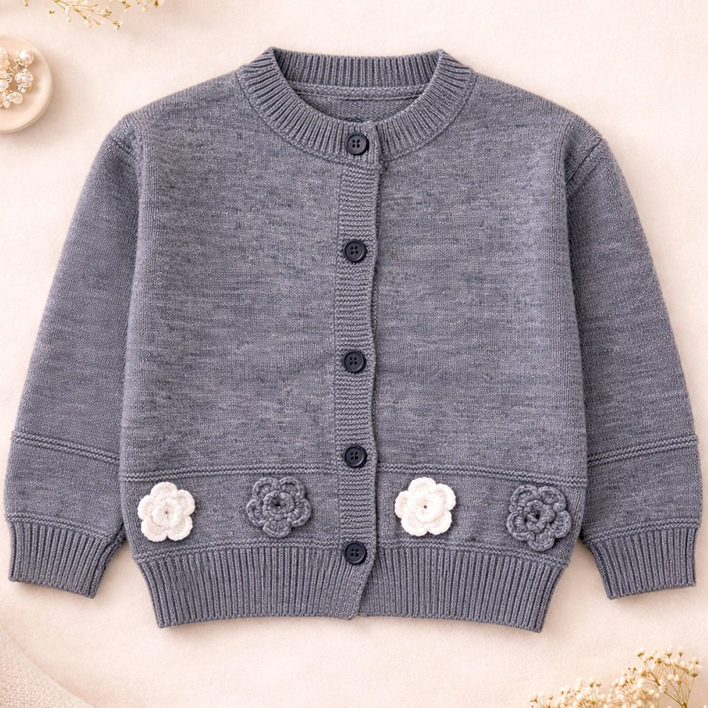 Little Surprise Box Grey Flower Button - Down Winter Cardigan, Winter Cardigan Sweater for Kids - 5 - 6 Years Kids Sweater