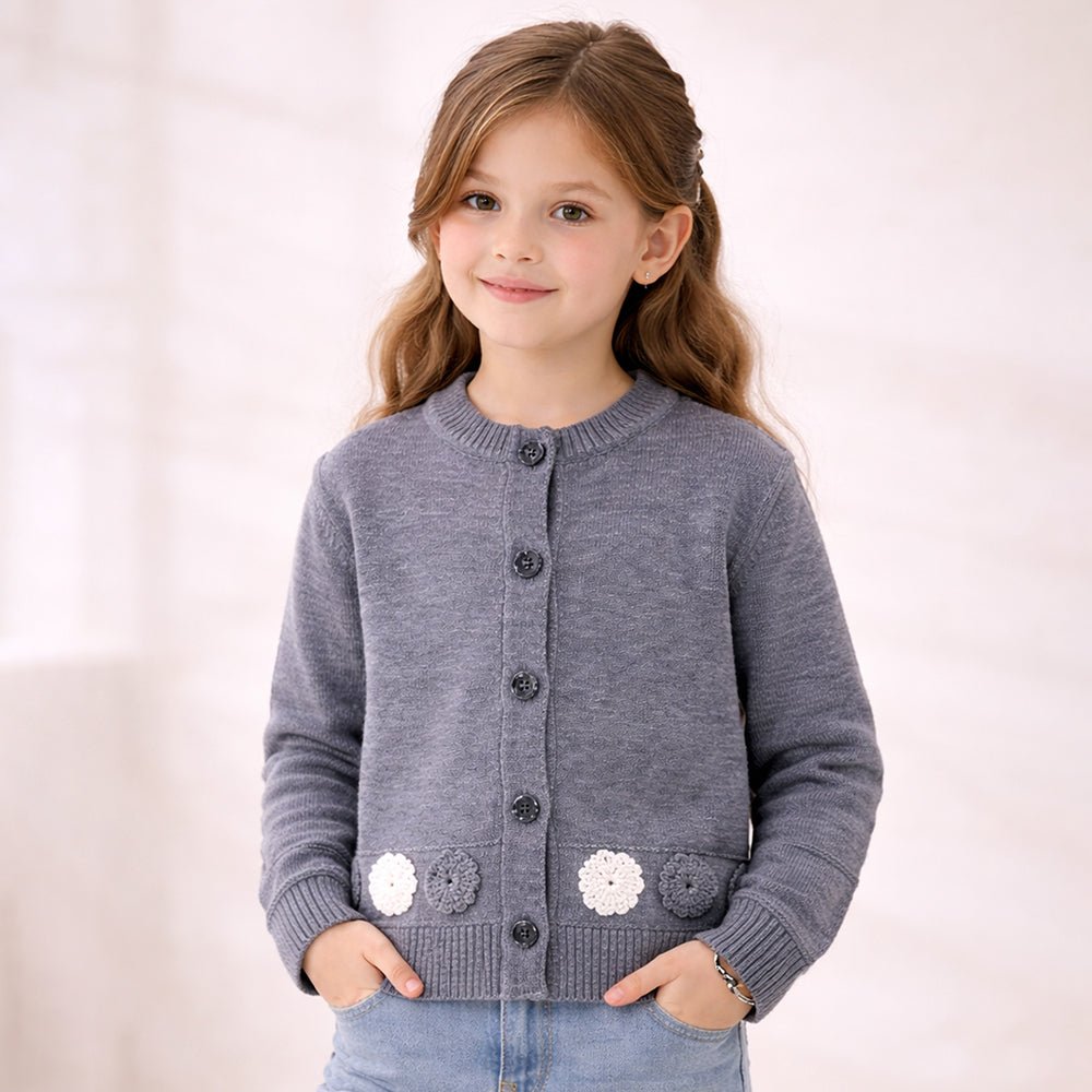 Little Surprise Box Grey Flower Button - Down Winter Cardigan, Winter Cardigan Sweater for Kids - 5 - 6 Years Kids Sweater