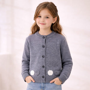Little Surprise Box Grey Flower Button - Down Winter Cardigan, Winter Cardigan Sweater for Kids - 5 - 6 Years Kids Sweater