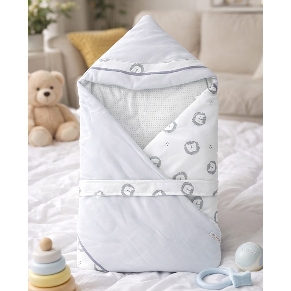 Little Surprise Box Grey Lion Plush Cotton Winter Wrapper with Hood - Baby Blanket