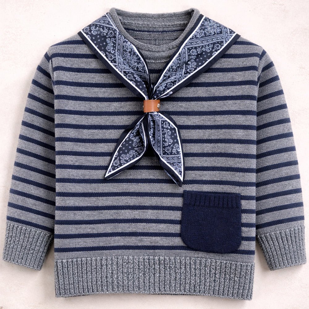 Little Surprise Box Grey Striped Cardigan with Scarf, Winter Cardigan Sweater for Kids - 4 - 5 Years Kids Sweater