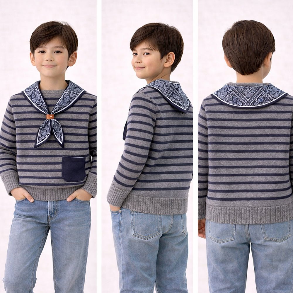 Little Surprise Box Grey Striped Cardigan with Scarf, Winter Cardigan Sweater for Kids - 4 - 5 Years Kids Sweater