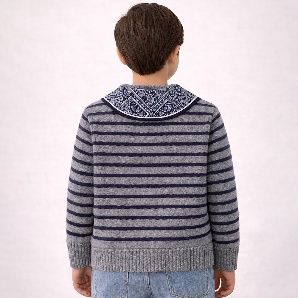 Little Surprise Box Grey Striped Cardigan with Scarf, Winter Cardigan Sweater for Kids - 4 - 5 Years Kids Sweater