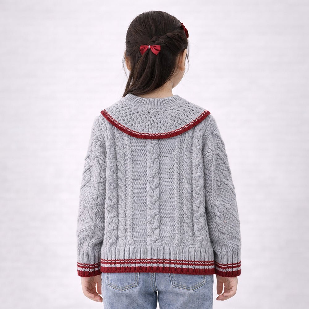 Little Surprise Box Grey Sweater with Red Border, Winter Cardigan Sweater for Kids - 2 - 3 Years Kids Sweater